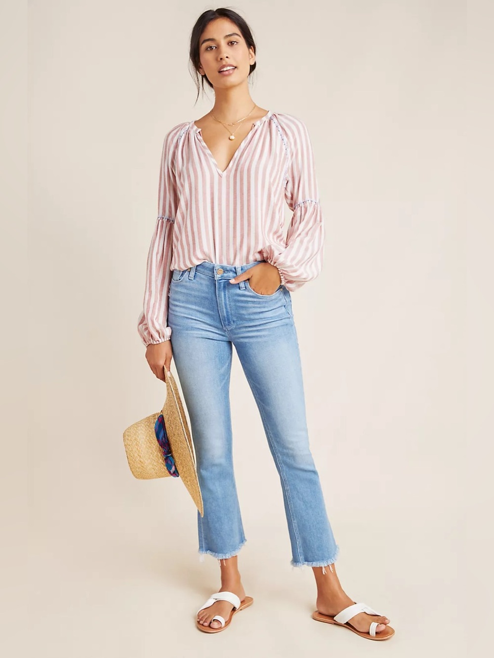 PAIGE Colette Crop Flare High Rise Jeans With Frayed Hem In Baybreak Wash Sz 28